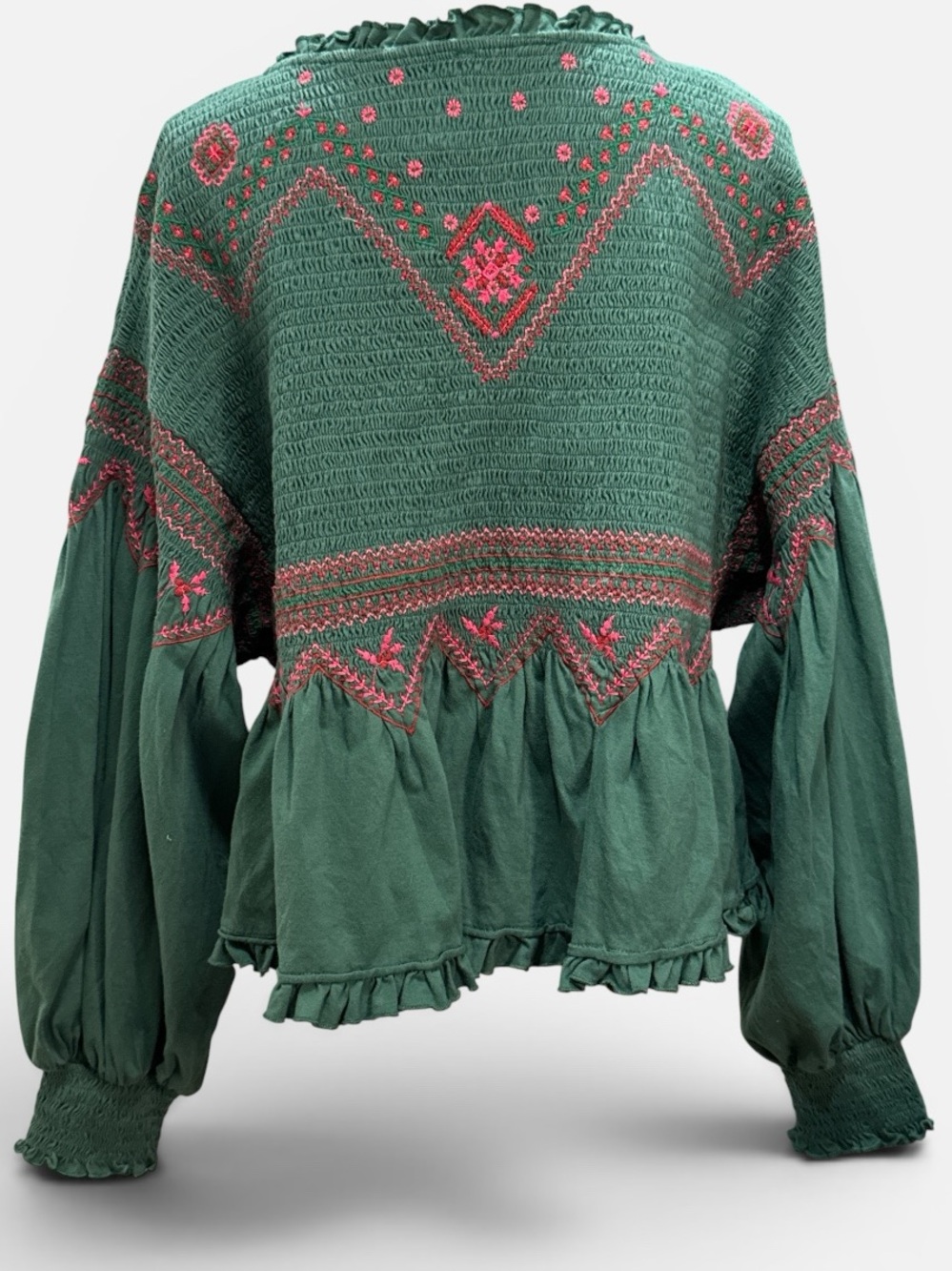 Free People Teal Embroidered Ruffle-Hem Pullover - Picture 3 of 5